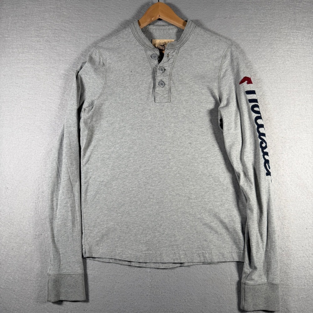 Hollister Mens Long Sleeve Henley Shirt Gray Logo Graphic Cotton Large 324298112